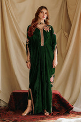 2-PC Embroidered Velvet Kaftaan with Silk Trouser VVT-5-17 GREEN