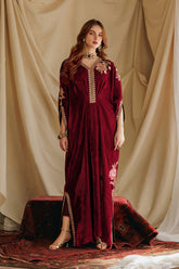 2-PC Embroidered Velvet Kaftaan with Silk Trouser VVT-5-17 RED