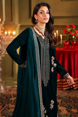 3-PC Embroidered Velvet Suit VVT4-014 TEAL BLUE