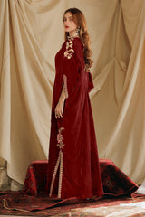 2-PC Embroidered Velvet Kaftaan with Silk Trouser VVT4-08 RED