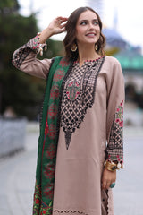 3-PC Stitched Embroidered Leather Shirt with Printed Wool Shawl PS4-07 P