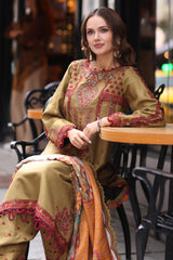 3-PC Stitched Embroidered Leather Shirt with Printed Wool Shawl PS4-08 P