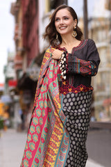 3-PC stitched Embroidered Leather Shirt with Printed Wool Shawl PS4-03 P