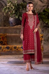 3-PC Embroidered Raw-Silk Shirt with Organza Dupatta and Trouser CMA-4-0050 Mehroon