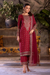 3-PC Embroidered Raw-Silk Shirt with Organza Dupatta and Trouser CMA-4-0050 Mehroon