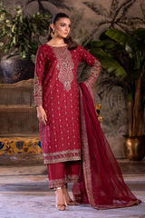 3-PC Embroidered Raw-Silk Shirt with Organza Dupatta and Trouser CMA-4-0050 Mehroon