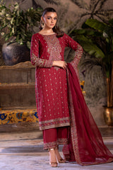 3-PC Embroidered Raw-Silk Shirt with Organza Dupatta and Trouser CMA-4-0050 Mehroon