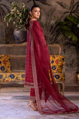 3-PC Embroidered Raw-Silk Shirt with Organza Dupatta and Trouser CMA-4-0050 Mehroon