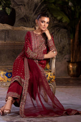 3-PC Embroidered Raw-Silk Shirt with Organza Dupatta and Trouser CMA-4-0050 Mehroon