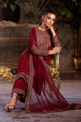 3-PC Embroidered Raw-Silk Shirt with Organza Dupatta and Trouser CMA-4-0050 Mehroon