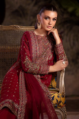 3-PC Embroidered Raw-Silk Shirt with Organza Dupatta and Trouser CMA-4-0050 Mehroon