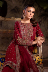 3-PC Embroidered Raw-Silk Shirt with Organza Dupatta and Trouser CMA-4-0050 Mehroon