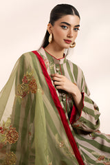 3-PC Embroidered Raw-Silk Shirt with Organza Dupatta and Trouser CMA-4-0032 Green