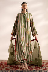 3-PC Embroidered Raw-Silk Shirt with Organza Dupatta and Trouser CMA-4-0032 Green