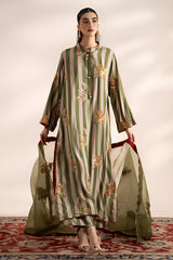 3-PC Embroidered Raw-Silk Shirt with Organza Dupatta and Trouser CMA-4-0032 Green