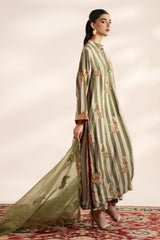 3-PC Embroidered Raw-Silk Shirt with Organza Dupatta and Trouser CMA-4-0032 Green