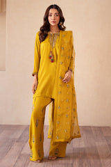 3-PC Embroidered Raw-Silk Shirt with Embroidered Organza Dupatta and Trouser CMA-4-077 MUSTARD