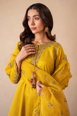 3-PC Embroidered Raw-Silk Shirt with Embroidered Organza Dupatta and Trouser CMA-4-077 MUSTARD