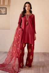 3-PC Embroidered Raw-Silk Shirt with Organza Dupatta and Trouser  CMA-4-077 MEHROON