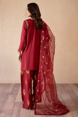 3-PC Embroidered Raw-Silk Shirt with Organza Dupatta and Trouser  CMA-4-077 MEHROON