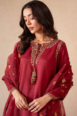 3-PC Embroidered Raw-Silk Shirt with Organza Dupatta and Trouser  CMA-4-077 MEHROON