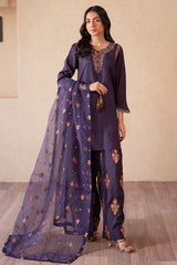 3-PC Embroidered Raw-Silk Shirt with Embroidered Organza Dupatta and Trouser CMA-4-077 PURPLE