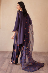 3-PC Embroidered Raw-Silk Shirt with Embroidered Organza Dupatta and Trouser CMA-4-077 PURPLE