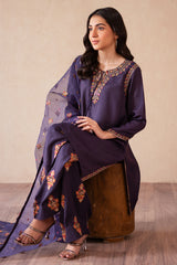 3-PC Embroidered Raw-Silk Shirt with Embroidered Organza Dupatta and Trouser CMA-4-077 PURPLE