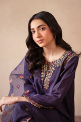 3-PC Embroidered Raw-Silk Shirt with Embroidered Organza Dupatta and Trouser CMA-4-077 PURPLE