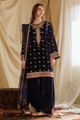 3-PC Embroidered Velvet Shirt with Embroidered Chiffon Dupatta and Trouser VVT4-015