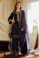 3-PC Embroidered Velvet Shirt with Embroidered Chiffon Dupatta and Trouser VVT4-015