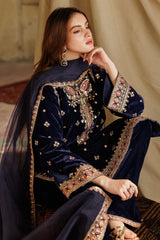 3-PC Embroidered Velvet Shirt with Embroidered Chiffon Dupatta and Trouser VVT4-015