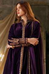 3-PC Embroidered Velvet Shirt with Embroidered Organza Dupatta and Trouser VVT4-019