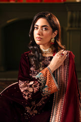 3-PC Embroidered Velvet Shirt with Embroidered Chiffon Dupatta and Trouser VVT4-04