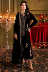 3-PC Embroidered Velvet Shirt with Embroidered Chiffon Dupatta and Trouser VVT4-014 BLACK