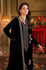 3-PC Embroidered Velvet Shirt with Embroidered Chiffon Dupatta and Trouser VVT4-014 BLACK