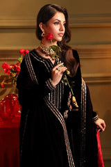 3-PC Embroidered Velvet Shirt with Embroidered Chiffon Dupatta and Trouser VVT4-014 BLACK