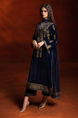 3-PC Embroidered Velvet Shirt with Embroidered Chiffon Dupatta and Trouser VVT-4-203