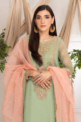 3-Pc Green Organza Shirt With Organza Dupatta and Raw Silk Trouser CMA23-14