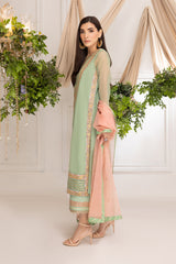 3-Pc Green Organza Shirt With Organza Dupatta and Raw Silk Trouser CMA23-14